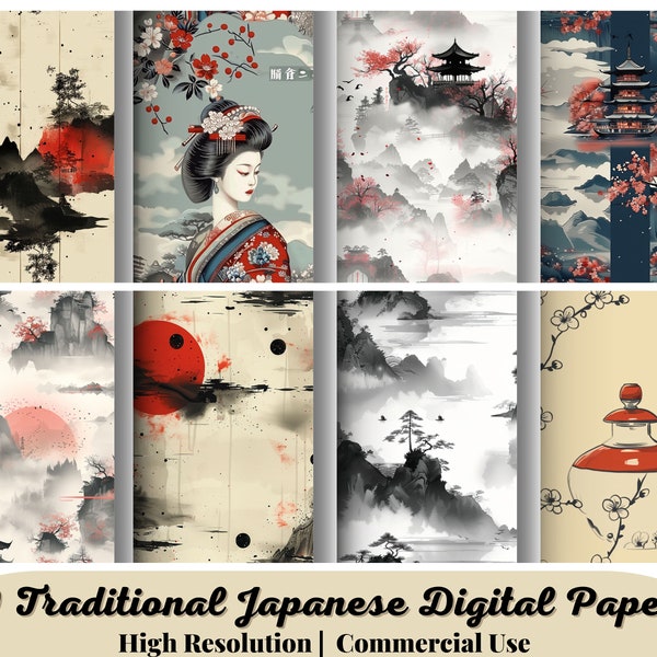 39 Traditional Japanese Digital Papers, Grunge Scrapbook, Seamless Digital Paper, Asian Pattern, Vintage Background, Cherry Blossom