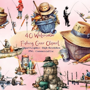 40 Watercolor Gear Fishing Clipart, Fathers Day Fishing Clipart, Fish PNG People Clip Art Fishing Items Download Watercolor Fishing Supplies