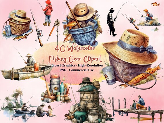 40 Watercolor Gear Fishing Clipart, Fathers Day Fishing Clipart