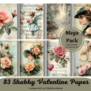 Shabby Valentine Junk Journal, Shabby, Valentine, Collage Sheets, Papers, Valentines Day, Women, Vintage, Pink, Printable, Digital Download