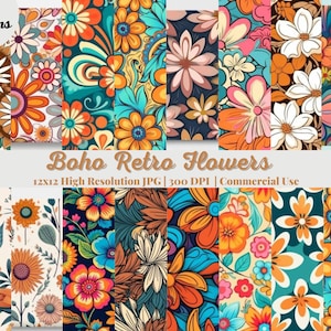 20 Boho Retro Flowers, Floral Repeating Seamless Pattern Design, Repeating File, Tiling Designs, Fabric, Commercial Use Digital Download