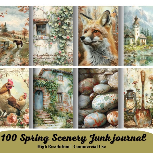 100 Spring Scenery Junk journal Pages, greenery countryside, rustic nature, scrapbook paper, digital printable paper, animals, forest images