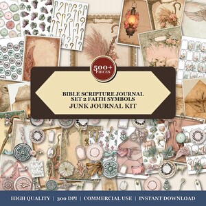 May include: A collection of over 500 paper craft elements for a Bible scripture journal junk journal kit, featuring faith symbols, vintage-style illustrations of lambs, lanterns, shepherd crooks, floral patterns, tags, and decorative frames.