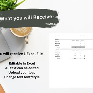 May include: A laptop, coffee cup, and document are on a white surface. Text on the image says "What you will Receive" and "You will receive 1 Excel File". Additional text includes "Editable in Excel", "All text can be edited", "Upload your logo", and "Change text font/style".