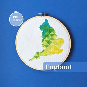 Patrón sencillo de punto de cruz con el mapa de Inglaterra. Silueta de la campiña inglesa para bordar. Decoración personalizada para la cama con temática londinense.