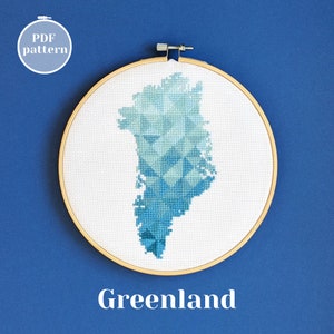 Kreuzstichmuster Grönland Landkarte. Moderne einfache xStitch PDF-Fibel. Individuelle Geschenkidee für einen Entdecker. Farbenfrohe DIY Wandstickerei Dekoration
