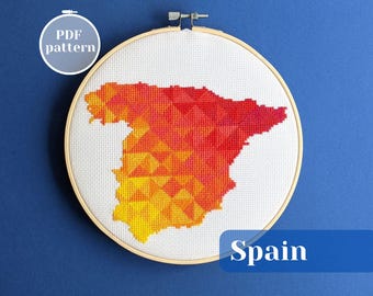 Patrón de punto de cruz de España. Diseño de mapa colorido DIY. Archivos digitales para descarga instantánea. Decoración de pared con viajes a Madrid y Barcelona.