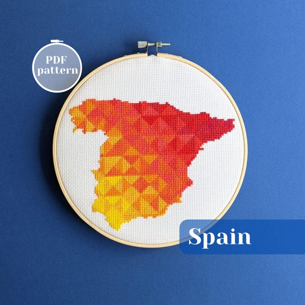 Modèle de point de croix en Espagne. Conception de carte colorée bricolage. Fichiers numériques à télécharger instantanément. Décoration murale de voyage en espagnol Madrid Barcelone