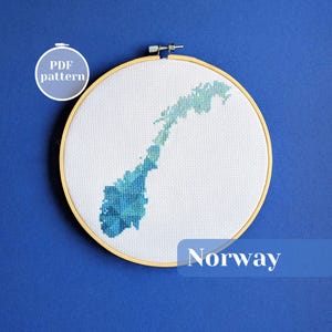 Norway map 66w x 82h cross stitch pattern. Counted xstitch PDF chart for instant download. Creative Scaninavian themed gift for a Viking fan