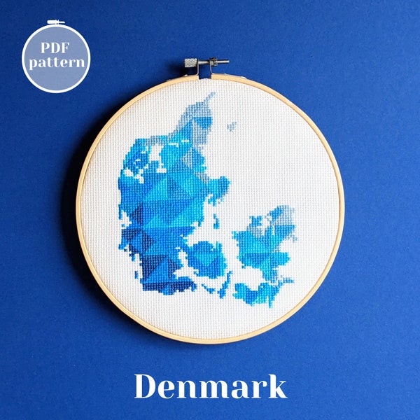 Denmark map cross stitch PDF pattern. Modern minimalistic embroidery design. Unique gift for a Copenhagen friend. Eco friendly decor idea