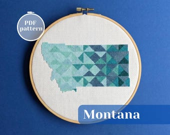 Montana map cross stitch pattern. Modern xstitch design in winter colors. Custom simple DIY gift idea. United States themed decoration