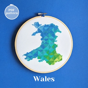 Wales Karte Kreuzstichmuster. Walisische Landhausform zum Sticken. Personalisierte Wohnkultur mit Cardiff Thema. Einfache Handarbeit DIY Kunst