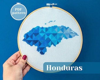 Honduras outline cross stitch pattern. Needlework tapestry DIY. Custom creative gift idea. Simple embroidery map of Latin America country