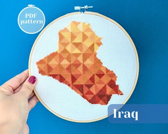 Iraq map cross stitch pattern. Simple needlecraft tutorial for artful decoration. Best gift idea for family. DIY needlepoint masterpiece