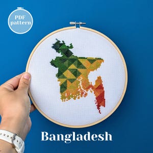 Bangladesh kaart kruissteek pdf-patroon. Moderne getelde xStitch-grafiek voor directe download. DIY-muurborduurcadeau voor een vriend met heimwee