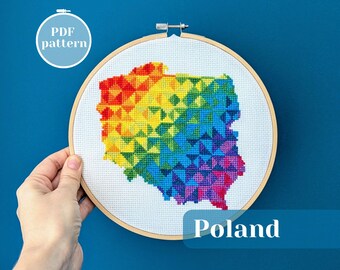 Poland map cross stitch pattern. Meaningful location-based gift or slow living hobby idea. Simple xStitch PDF chart for festive keepsake