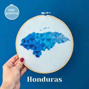 Modèle de point de croix de contour du Honduras. Tapisserie à faire soi-même. Idée cadeau créative personnalisée. Carte de broderie simple d'un pays d'Amérique latine