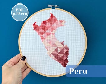 Peru map outline cross stitch PDF pattern. Modern counted xStitch chart for perfect family gift. Step by step simple embroidery tutorial.