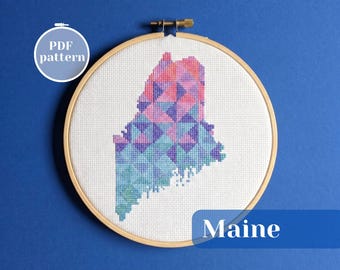 Maine (USA) map cross stitch PDF instruction. Modern textile design pattern with American theme. Custom gratitude present for someone close