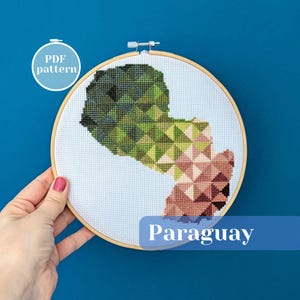 Paraguay map cross stitch PDF pattern. Original embroidery project tutorial for instant download. Thoughtful handmade gift for a loved one.