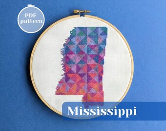 Mississippi (USA) map silhouette cross stitch pattern. American state shape for embroidery.  Simple needlework DIY for stress relief craft