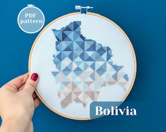 Bolivia cross stitch pattern. Modern xstitch map design. Simple embroidery pdf chart. South America decor. Unique gift for traveler