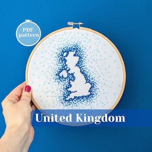 Patrón de punto de cruz con el mapa del Reino Unido. Silueta del Reino Unido para bordar. Un recuerdo único para decorar tu pared.