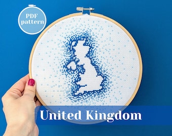 United Kingdom map cross stitch pattern. UK silhouette for embroidery. Unique DYI souvenir for wall decor