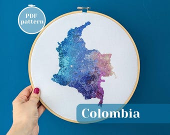 Colombia Map Cross Stitch Pattern: Modern Watercolor Design (PDF Pattern)