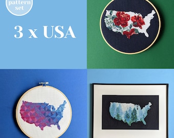 3 United States maps - cross stitch patterns set. America themed textile design templates. Unique and relaxing hobby idea for anxiety relief