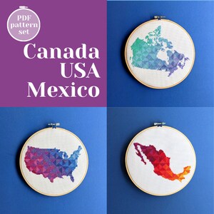 Ensemble de motifs de point de croix pour le Canada, les États-Unis et le Mexique. Cartes de l'Amérique du Nord faciles à assembler. Couture géométrique minimaliste pour bijou de chambre