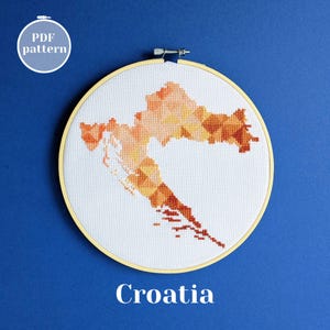 Kroatien Kreuzstichmuster. DIY Wandposter mit Landkarte. Selbstliebe Geschenk zum Entspannen Hobby. Einfache Zählvorlage. Balkan Urlaub Dekor