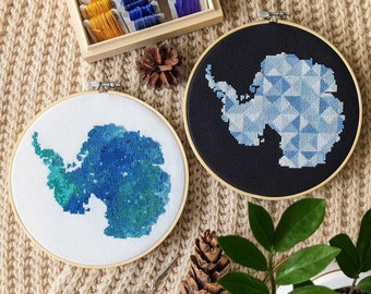 Antarctica map cross stitch pattern set. Contemporary xstitch designs for you own pleasure of quiet me time. Unique gift idea for creatives