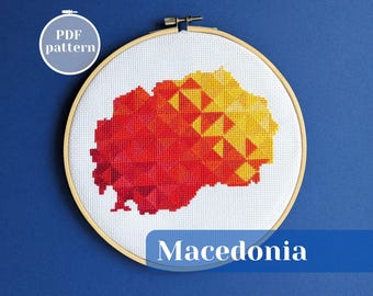 Macedonia map silhouette cross stitch pattern. Modern geometric embroidery design. Skopje themed wall art. Balkan trip handmade souvenir