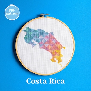 Costa Rica Landkarte Kreuzstichmuster. Moderne original Bastelanleitung im PDF Format. Handgefertigte Geschenkidee zum Geburtstag für eine Freundin.