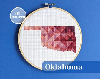 Oklahoma (USA) map cross stitch pattern. Modern simple xstitch design in PDF. American themed keepsake. Creative minimalist embroidery chart