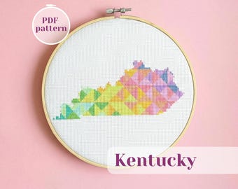 Kentucky (USA) map shape cross stitch pattern. Modern xstitch design in tropical colors. Custom simple DIY off screen hobby.
