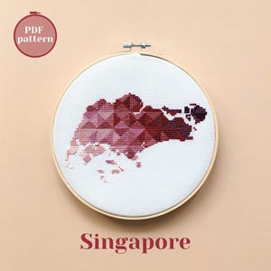 Modèle imprimable au point de croix de Singapour. Silhouette de carte de pays asiatique. Modèle PDF moderne xstitch compté. Cadeau d'adieu broderie DIY
