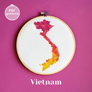 Vietnam Kartenform Kreuzstich PDF Muster. Farbenfrohes genähtes Design zum sofortigen Download. Modernes einfaches Stickschema, um einen Handwerker zu beschenken