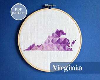 Virginia (USA) map cross stitch scheme for instant download. Modern xstitch pattern for analog lifestyle hobby. DIY embroidered wall decor