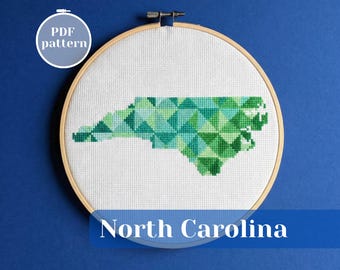 North Carolina (USA) cross stitch PDF pattern. United States map shape xstitch design. Modern, simple embroidery chart for analog crafting.