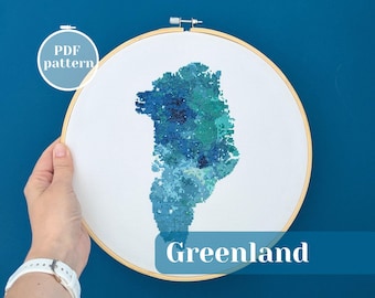 Greenland map cross stitch pattern. Modern simple xStitch PDF chart. Custom gift idea for a discoverer. Watercolor DIY wall embroidery decor