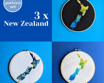 3 x New Zealand cross stitch map patterns. Set of THREE contemporary embroidery charts. Creative thread creation for analog hobby