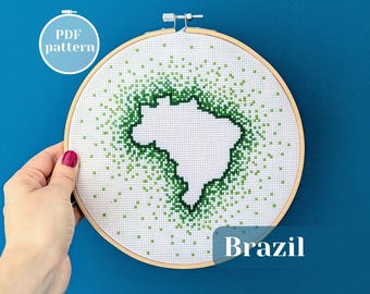 Brazil map cross stitch pattern. Unique travel wall hanging. Modern embroidery design. Simple counted xstitch chart for instant download.