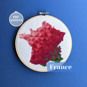 Grille point de croix, carte de France. Décoration parisienne chic et brodée moderne. Tutoriel simple pour débutants sur la grille de points xstitch pour créer un cadeau cool DIY