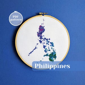 Modèle de carte des Philippines au point de croix. Tableau PDF à points comptés à télécharger instantanément. Motif de broderie simple et moderne sur le thème de l'Asie