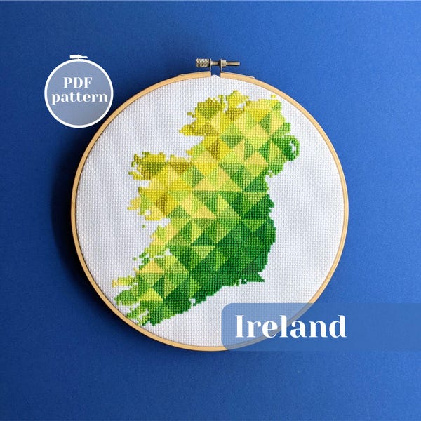 Modèle de carte d'Irlande au point de croix. Silhouette île d'émeraude à broder. Conception PDF xstitch pour une décoration murale moderne. Idée cadeau DIY unique