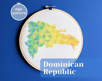 Dominican Republic map cross stitch pattern. Modern stitched piece for digital download. Meditation with embroidery for offscreen time