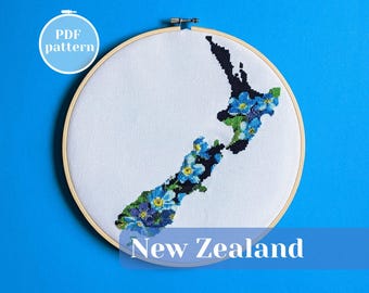 New Zealand Map Cross Stitch Pattern: Forget-Me-Nots Floral Design (PDF)