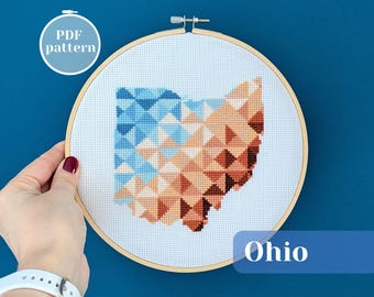 Ohio map cross stitch minimalistic pattern. USA State theme hoop artwork tutorial. Simple counted embroidery chart for handcrafted present.